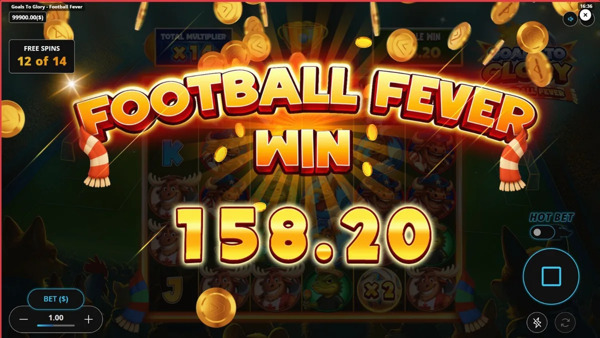 Layar permainan slot Goals to Glory Football Fever dengan hewan kartun bermain sepak bola di stadion.